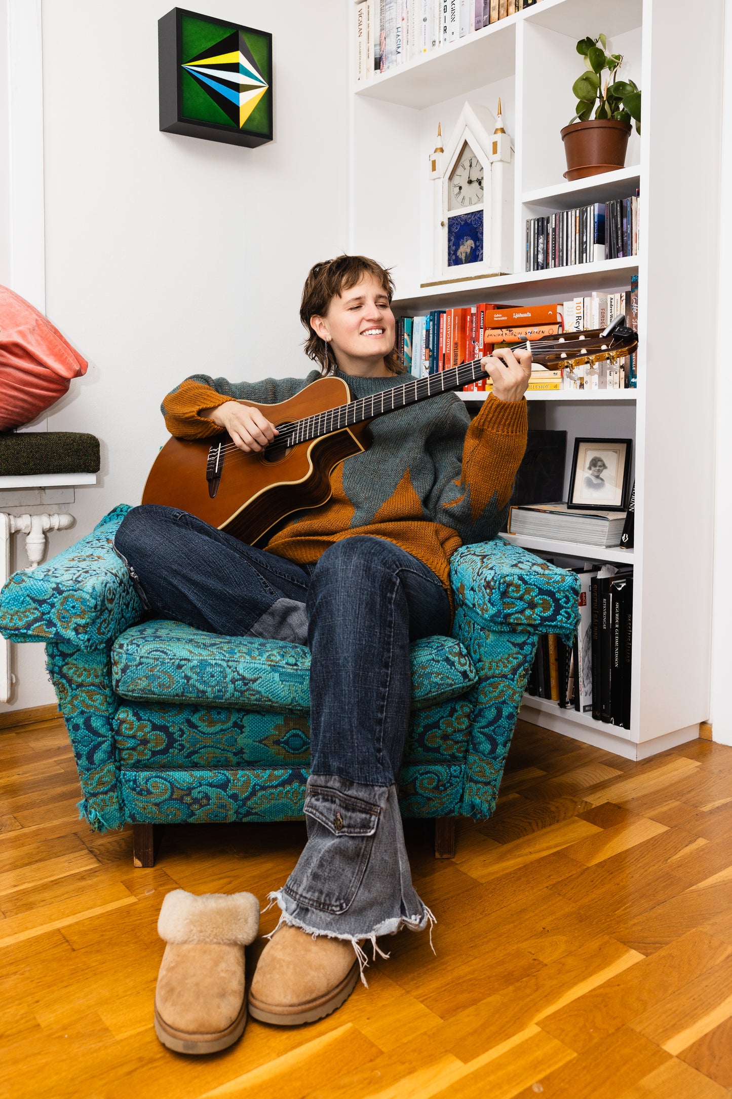 Autumn sweater - machine knitted - green & brown