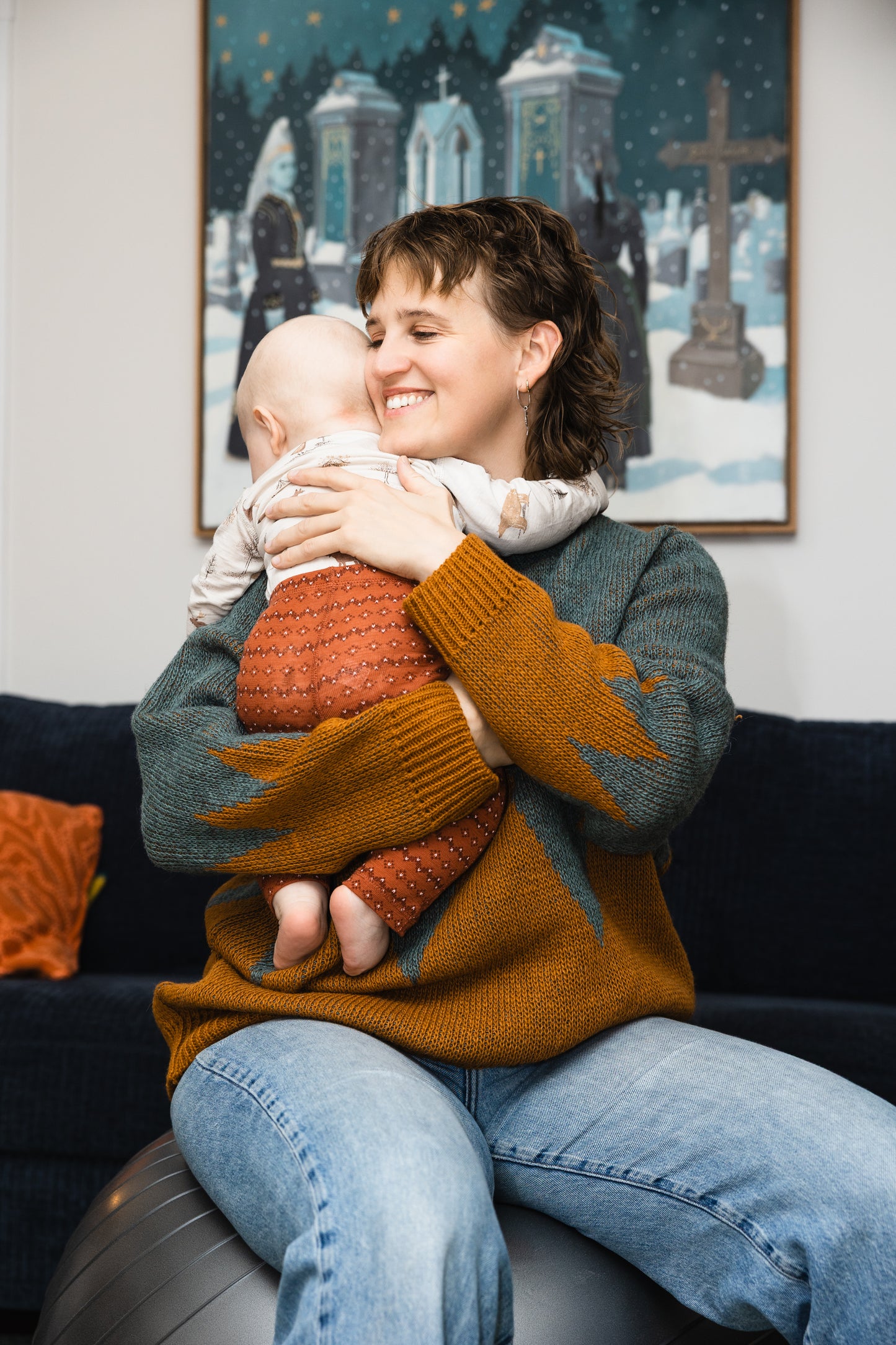 Autumn sweater - machine knitted - green & brown